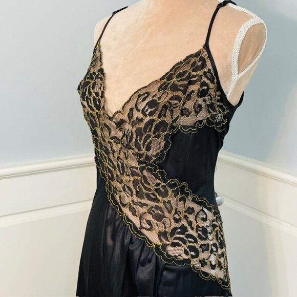 Colesce Collection Vintage 80s Black Gold Sheer Lace Lingerie Maxi Slip Dress 1X - Picture 6 of 12